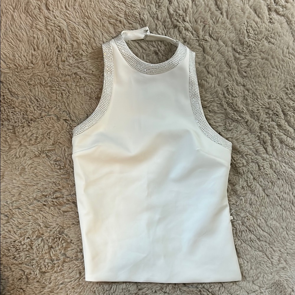 White Sleeveless Top with Embellished Neckline